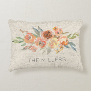 Natural Linen Watercolor Floral NAME Home Fall Accent Pillow
