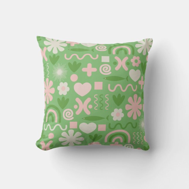 Natural Miscellany Pattern Lime Green and Pink Throw Pillow (Front)