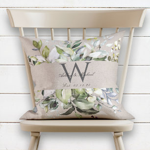 Natural Neutral Greenery Monogram Wedding Keepsake Throw Pillow