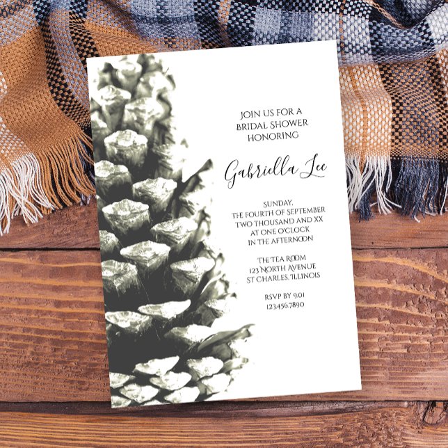 Natural Pine Cone on White Woodland Bridal Shower Invitation (Creator Uploaded)