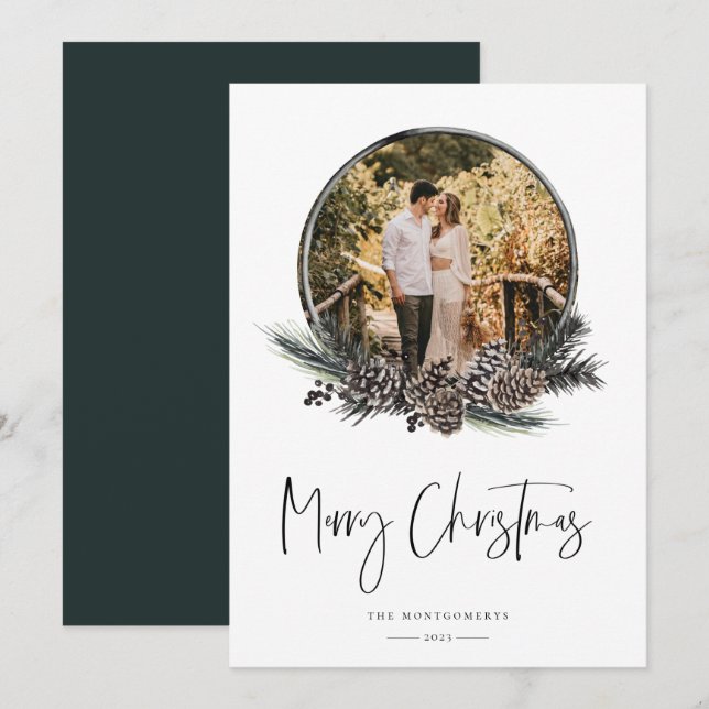 Natural Pine Wreath Photo Holiday Card (Front/Back)