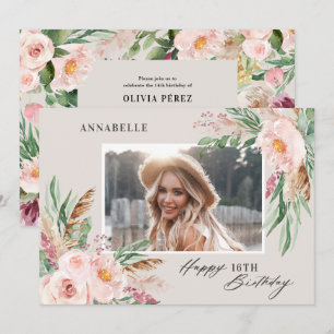 Natural Pink girly modern floral photo birthday Invitation