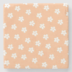 Natural Preppy Peach White Hippie Flower Pattern  Stone Coaster