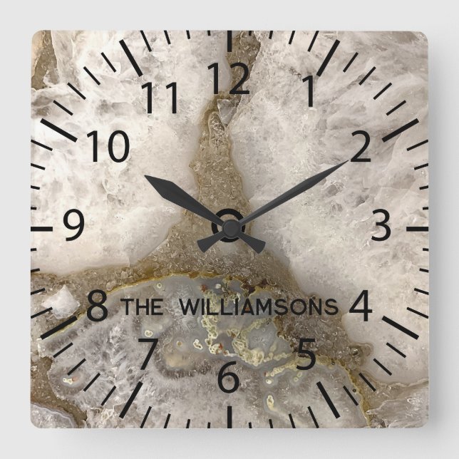 Natural Quartz Geode Stone  Square Wall Clock (Front)