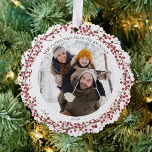 Natural Red Berry Merry Christmas Photo Wreath Ornament Card