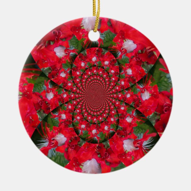 Natural Red Flower White Feather Kaleidoscope Art Ceramic Ornament (Front)