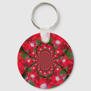 Natural Red Flower White Feather Kaleidoscope Art Keychain
