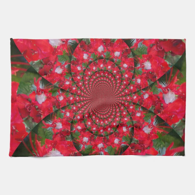 Natural Red Flower White Feather Kaleidoscope Art Kitchen Towel (Horizontal)