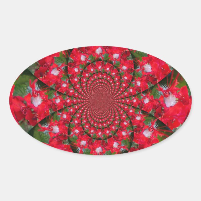 Natural Red Flower White Feather Kaleidoscope Art Oval Sticker (Front)