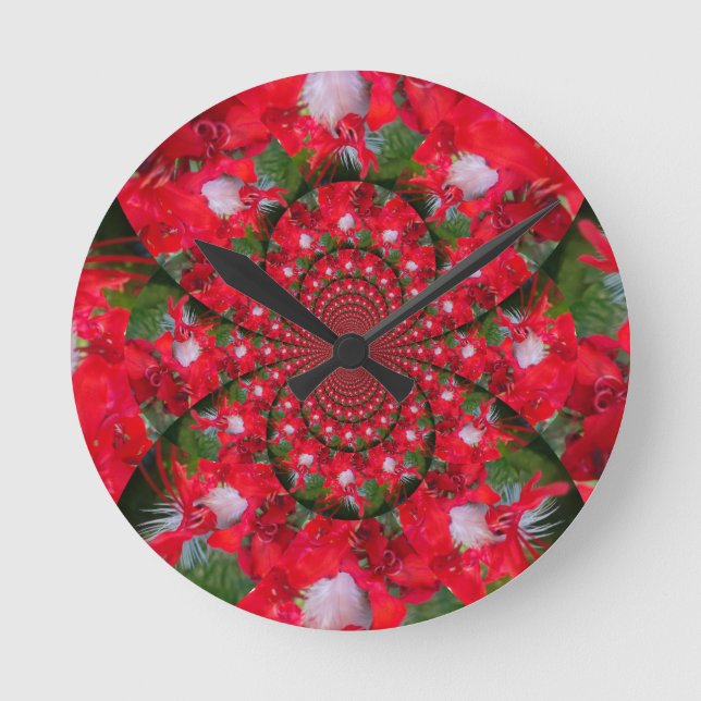 Natural Red Flower White Feather Kaleidoscope Art Round Clock (Front)