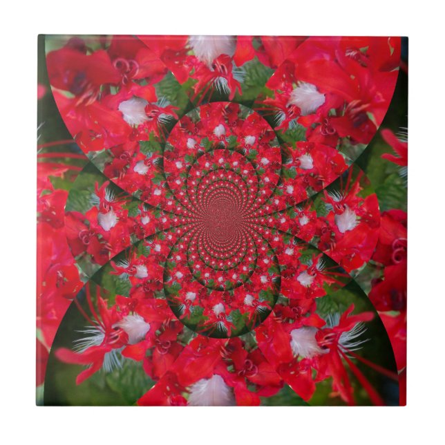 Natural Red Flower White Feather kaleidoscope art  Tile (Front)