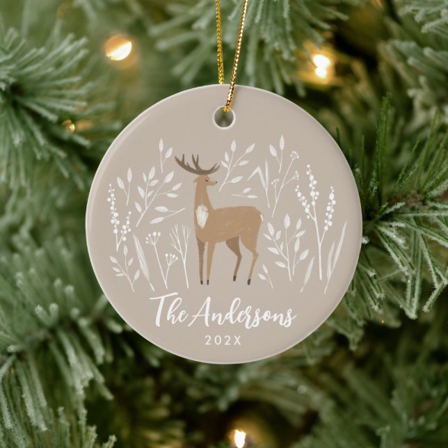 Natural reindeer botanical elegant Christmas Ceramic Ornament (Tree)
