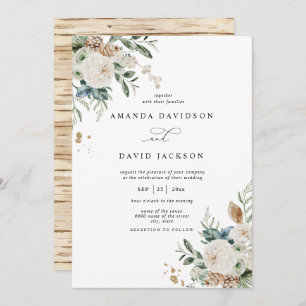 Natural Rustic Pine Greenery & Red Berries Wedding Invitation
