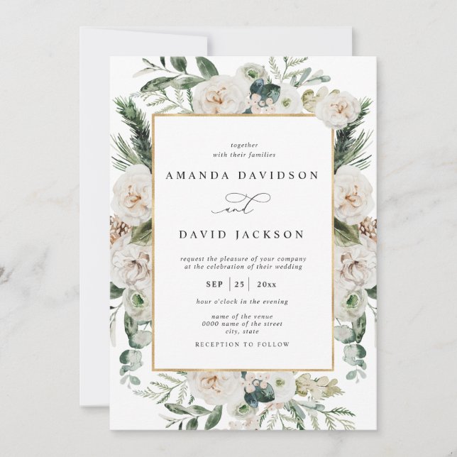 Natural Rustic Pine Greenery White Floral Wedding Invitation (Front)