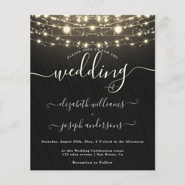 Natural Rustic Wood & Black White Lights wedding Flyer (Front)