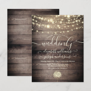 Natural Rustic Wood & White Lights String wedding Invitation