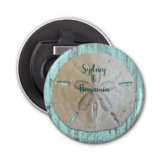 Natural Sand Dollar Rustic Beach Wood Favour Bottle Opener (Front)