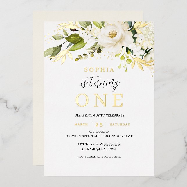 Natural Soft Cream White Floral Girl 1st Birthday (Front/Back)