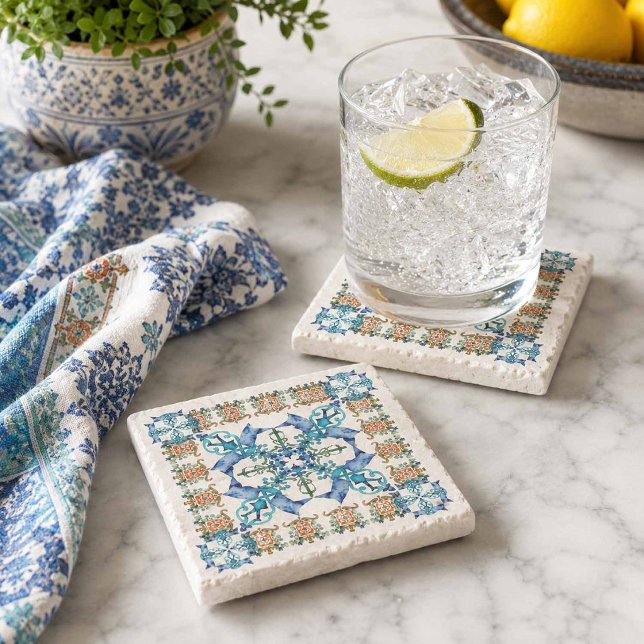 Natural Stone Coasters Amalfi Tile Design (Decorative stone coasters Amalfi style design in blue)