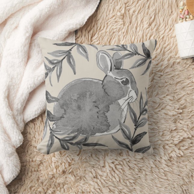 Natural Tan Bunny Rabbit Neutral Grey Watercolor Throw Pillow (Blanket)