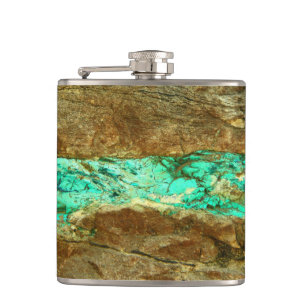 Natural turquoise vein in rough brown stone hip flask