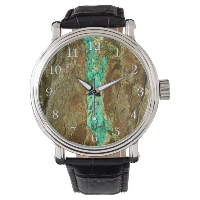 Natural turquoise vein in rough brown stone watch (Front)