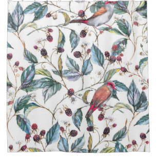 Natural watercolor pattern: blackberries, birds, f