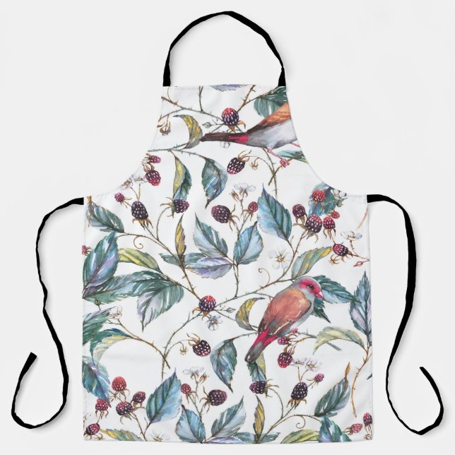 Natural watercolor pattern: blackberries, birds, f apron (Front)