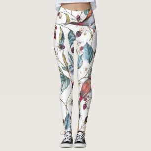 Natural watercolor pattern: blackberries, birds, f leggings