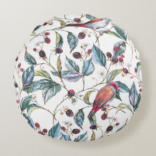 Natural watercolor pattern: blackberries, birds, f round pillow (Front)