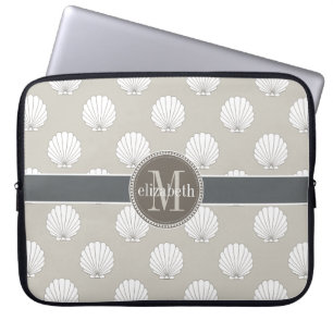 Natural   White Clamshells Seashells Monogram Laptop Sleeve