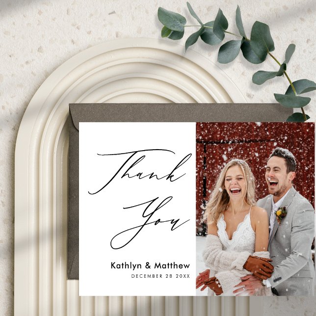 Natural White Elegant Script Modern Photo Wedding Thank You Card (Creator Uploaded)