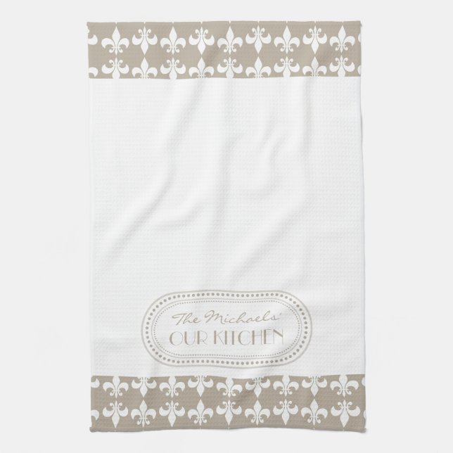 Natural | White Fleur de Lis Pattern Monogram Kitchen Towel (Vertical)