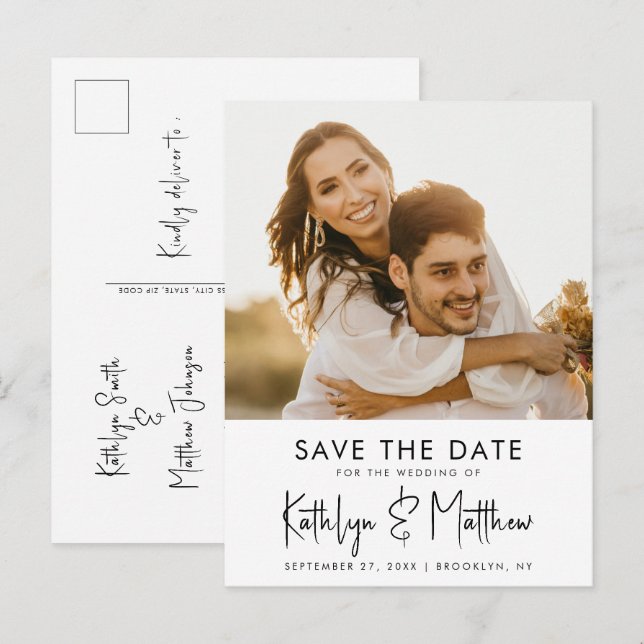 Natural White Fun Script Modern Photo Wedding Save Announcement Postcard (Front/Back)