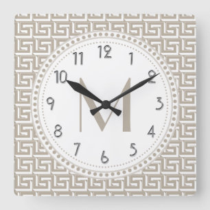 Natural   White Greek Key Pattern Monogram Square Wall Clock