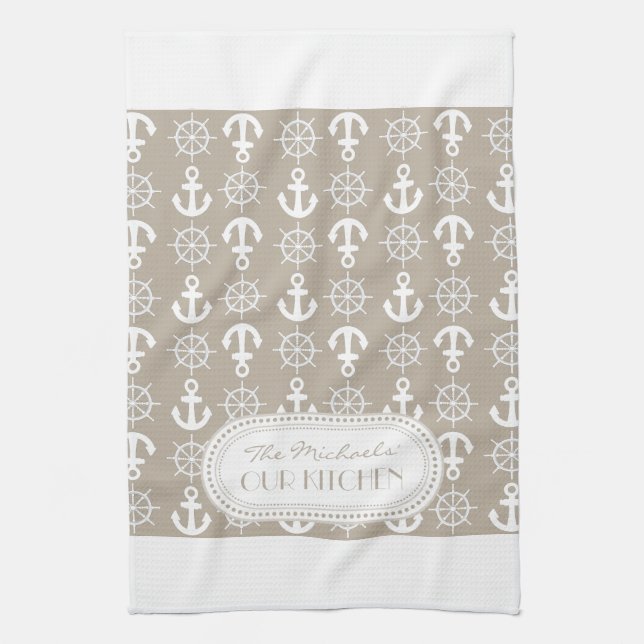 Natural | White Nautical Anchors Wheels Monogram Kitchen Towel (Vertical)
