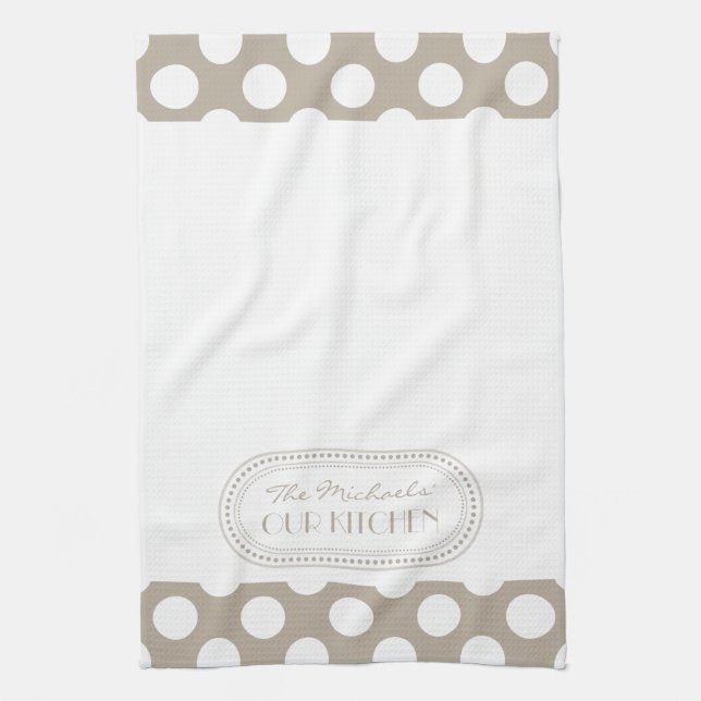 Natural | White Polka Dots Pattern Monogram Kitchen Towel (Vertical)