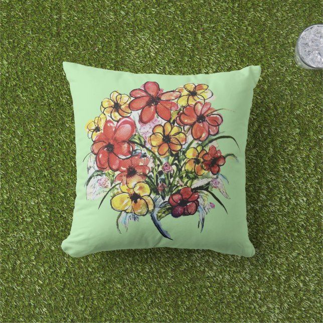  Natural Wildflowers Watercolor Floral Bouquet Outdoor Pillow (Grass)