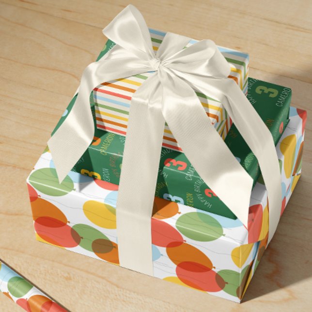 Natural Wonder Mixed Pattern Birthday Wrapping Paper Sheet (coordinated custom birthday gift wrap with balloons, stripes and a year in soft natural hues)