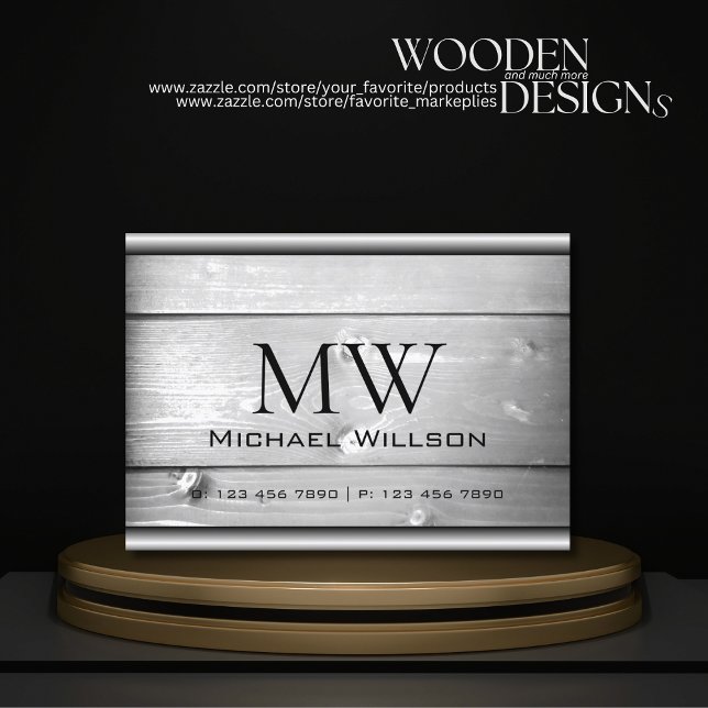 Natural Wood Grain White Wooden Boards Monogram Business Card (Creator Uploaded)