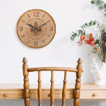 Natural Wood Slice Personalized Woodworking Shop Large Clock<br><div class="desc">Rustic style faux wood clock design perfect to display in your woodworking shop. The design features a faux rustic wood slice graphic with woodgrain tree rings with the clock face designed in a woodgrain beveled look. Rustic pine tree forest designed in an etched style. Personalize with a name and year...</div>