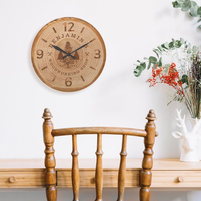 Natural Wood Slice Personalized Woodworking Shop Large Clock (Creator Uploaded)