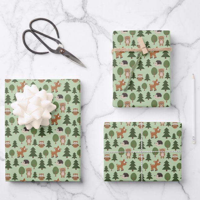 Natural Woodland Friends Baby Animals Trees Wrapping Paper Sheet (Front)