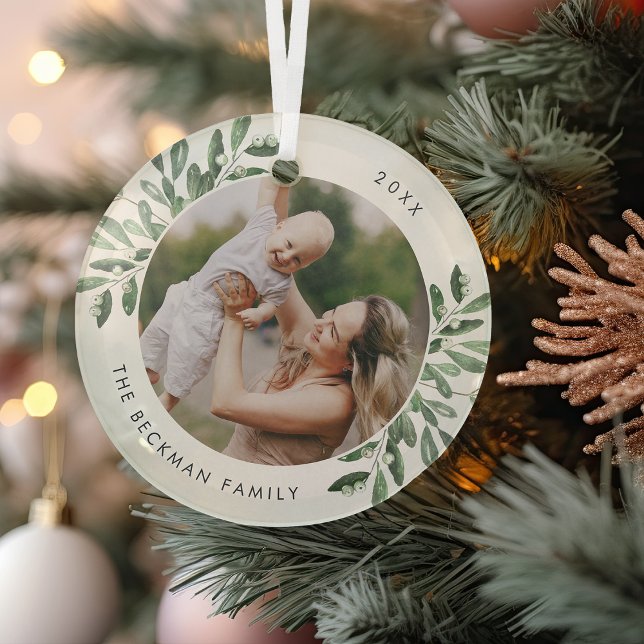 Naturally Joyful | Botanical Personalized Photo Glass Ornament (Creator Uploaded)