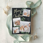 Naturally Joyful | Christmas Photo Collage Foil Holiday Card<br><div class="desc">Our beautiful rustic chic holiday photo card features four of your favorite square family photos in a collage layout. "Merry Christmas" appears at the top in hand lettered gold foil script typography on a soft off-black background accented with lush dark green watercolor botanical foliage for a beautiful nature-inspired look. Customize...</div>