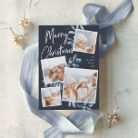 Naturally Joyful | Christmas Photo Collage Foil Holiday Card<br><div class="desc">Our beautiful rustic chic holiday photo card features four of your favorite square family photos in a collage layout. "Merry Christmas" appears at the top in hand lettered silver foil script typography on a navy background accented with icy blue watercolor botanical foliage for a beautiful nature-inspired look. Customize with your...</div>