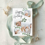 Naturally Joyful | Christmas Photo Collage Holiday Card<br><div class="desc">Our beautiful rustic chic holiday photo card features four of your favorite square family photos in a collage layout. "Happy Holidays" appears at the top in hand lettered script typography on a white chalkboard background accented with lush dark green watercolor botanical foliage for a beautiful nature-inspired look. Customize with your...</div>