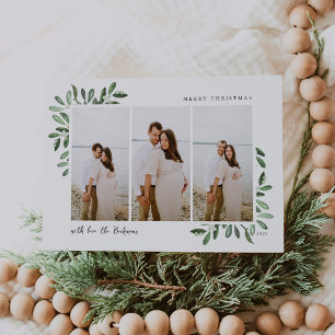 Naturally Joyful   Elegant Watercolor 3 Photo Holiday Card