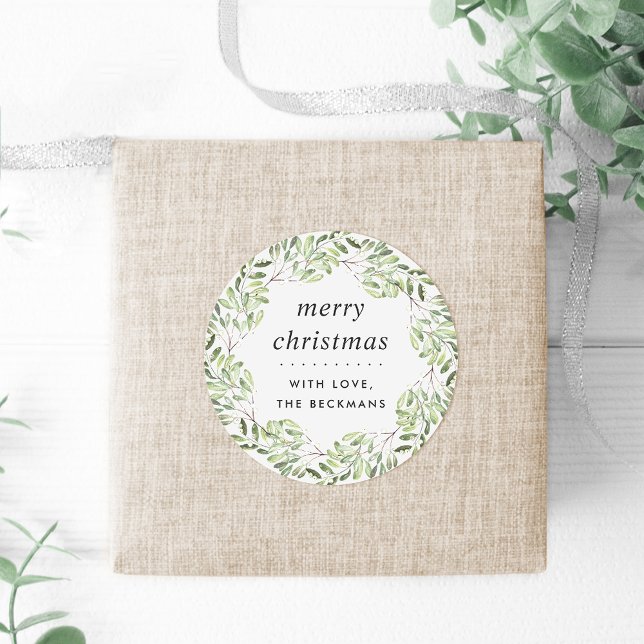Naturally Joyful | Green | Personalized Christmas Classic Round Sticker (Creator Uploaded)