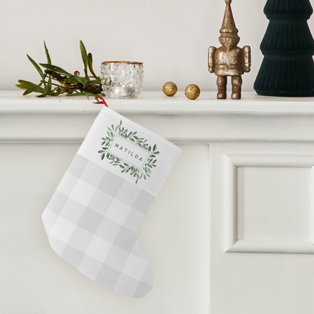 Naturally Joyful Plaid Botanical Personalized Small Christmas Stocking (Creator Uploaded)